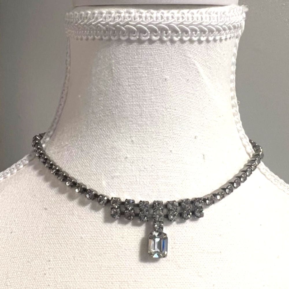 Vintage Silver Tone Rhinestone Decor Choker Necklace 14 inch Necklace
